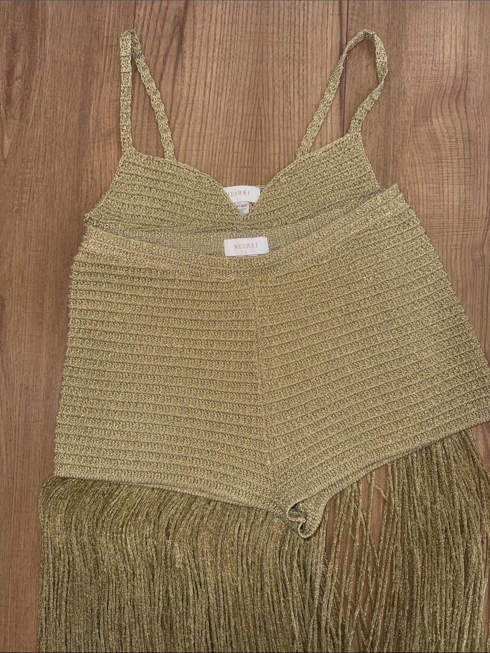 Meshki Olive Gold Crochet Fringe Camisole Set - Picture 3 of 4